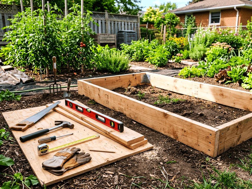 A realistic outdoor gardening scene showing the best materials for building a simple garden bed. Display neatly arranged wooden boards such as cedar, redwood, and pine, along with galvanized screws, nails, corner support blocks, and basic hand tools like a hammer, hand saw, screwdriver, and measuring tape. The materials are placed on grass in a backyard garden under natural daylight. Clean composition, practical DIY atmosphere, high detail, realistic style.